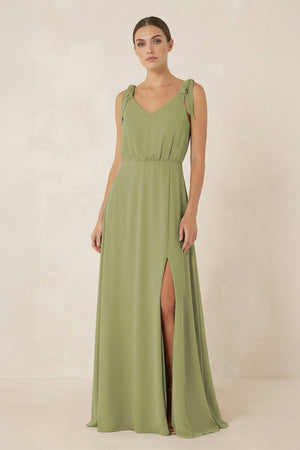 V-Neck A-Line Chiffon Bridesmaid Dress in Moss Green - KissProm BRIDESMAID DRESSES