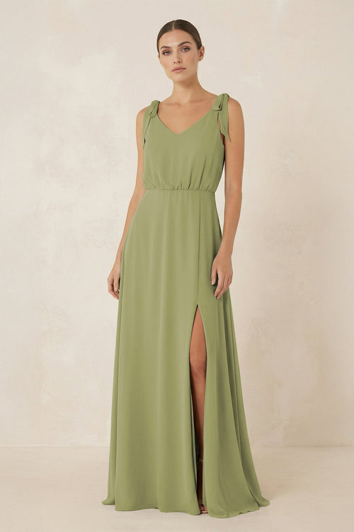 V-Neck A-Line Chiffon Bridesmaid Dress in Moss Green - KissProm BRIDESMAID DRESSES