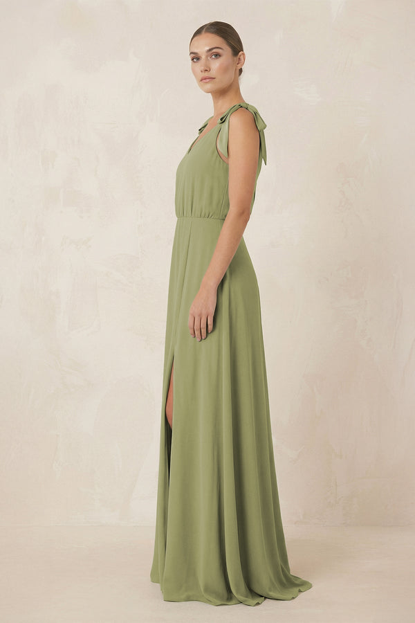 V-Neck A-Line Chiffon Bridesmaid Dress in Moss Green - KissProm BRIDESMAID DRESSES