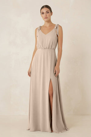 V - Neck A - Line Chiffon Bridesmaid Dress in Almond - KissProm Bridesmaid Dresses