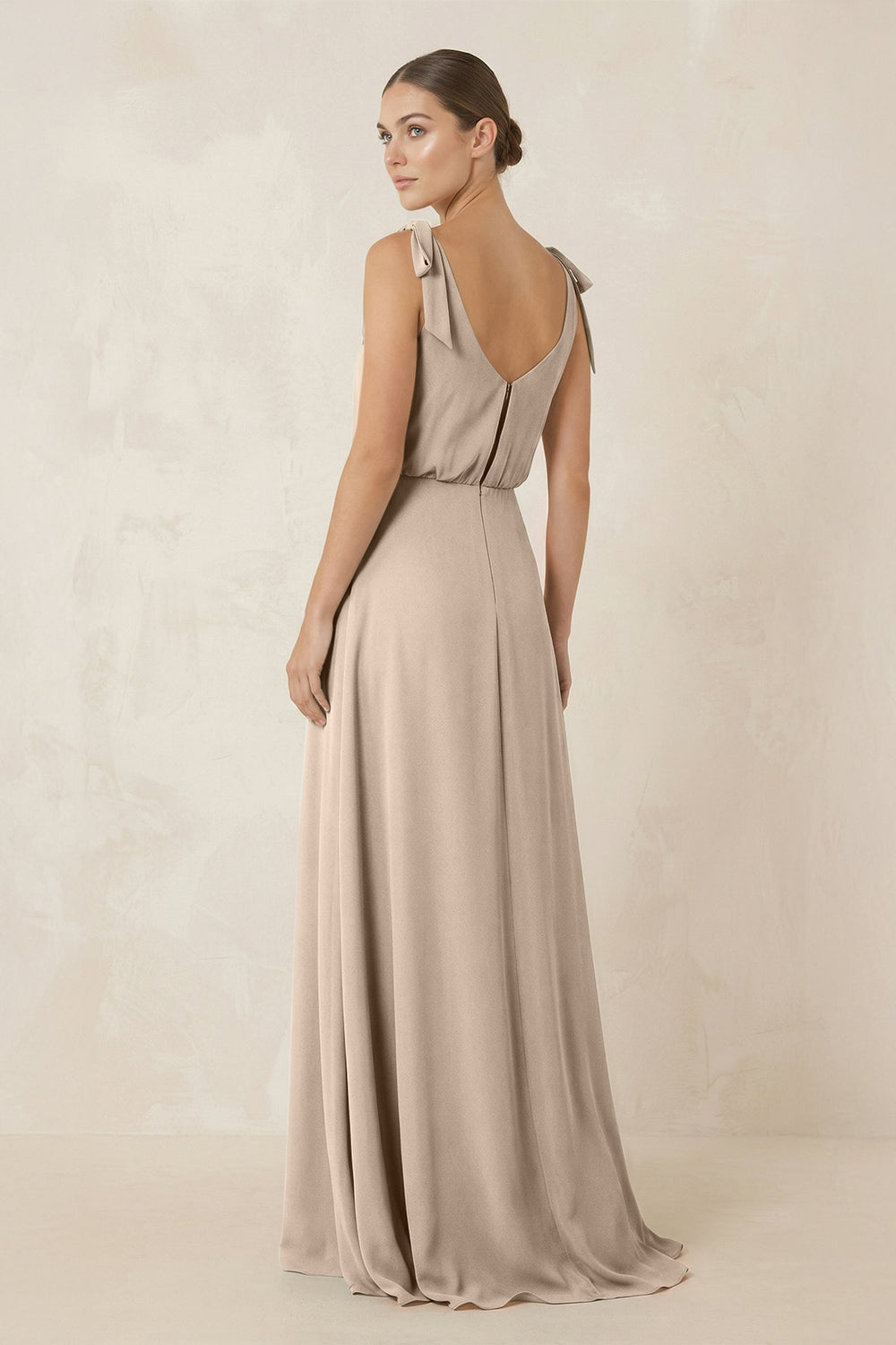 V - Neck A - Line Chiffon Bridesmaid Dress in Almond - KissProm Bridesmaid Dresses