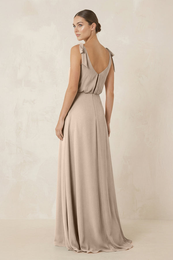 V - Neck A - Line Chiffon Bridesmaid Dress in Almond - KissProm Bridesmaid Dresses