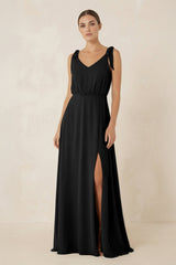 V - Neck A - Line Chiffon Bridesmaid Dress in Black - KissProm Bridesmaid Dresses