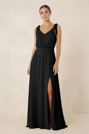 V - Neck A - Line Chiffon Bridesmaid Dress in Black - KissProm Bridesmaid Dresses