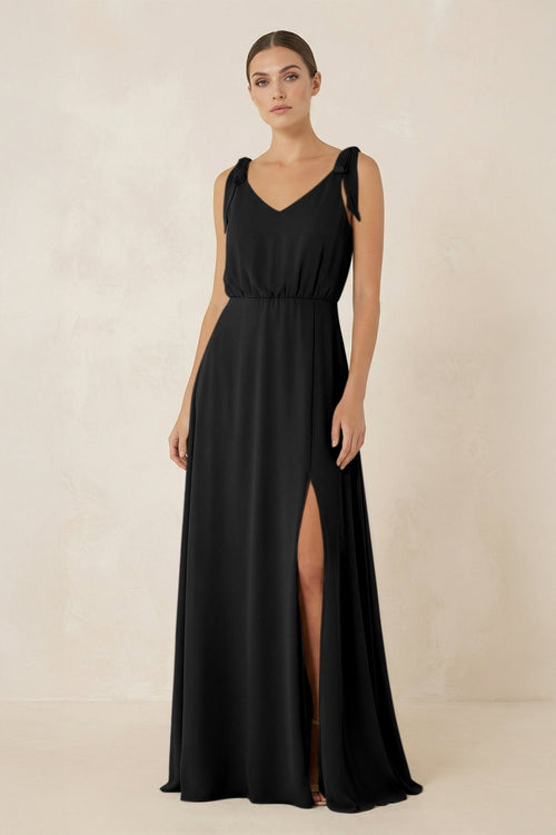 V - Neck A - Line Chiffon Bridesmaid Dress in Black - KissProm Bridesmaid Dresses