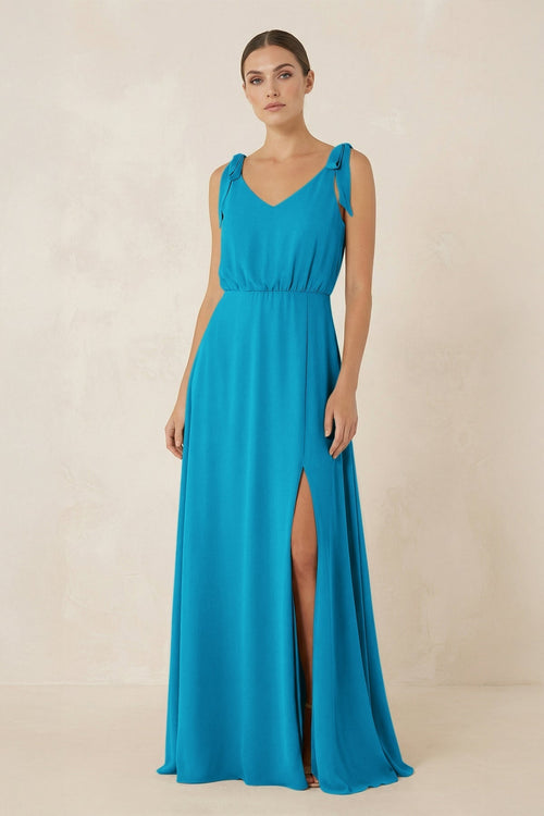 V - Neck A - Line Chiffon Bridesmaid Dress in Blue Jay - KissProm Bridesmaid Dresses