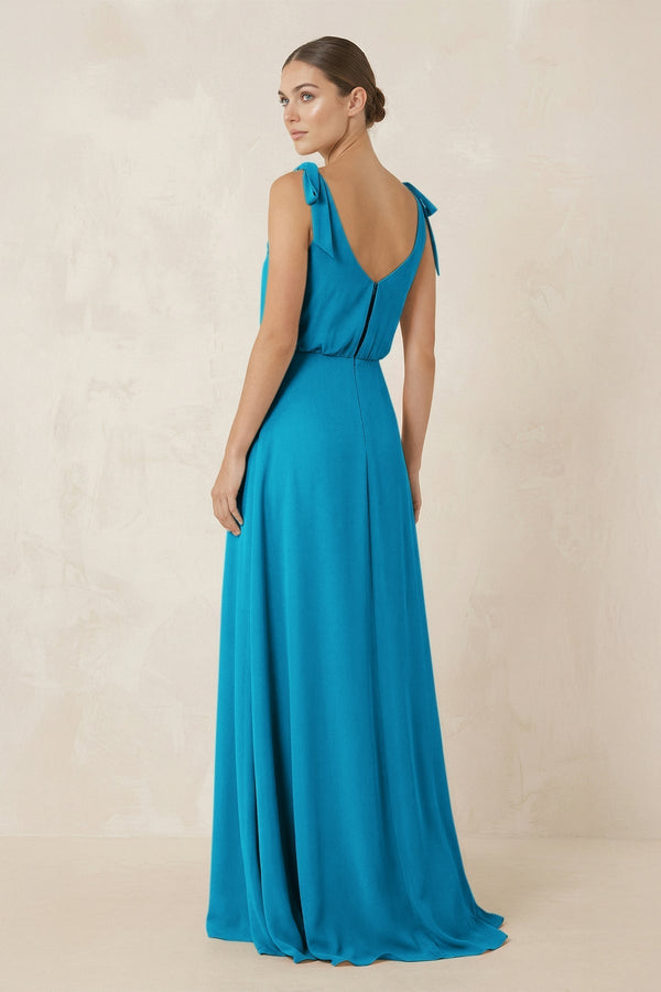 V - Neck A - Line Chiffon Bridesmaid Dress in Blue Jay - KissProm Bridesmaid Dresses