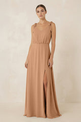 V - Neck A - Line Chiffon Bridesmaid Dress in Bronzer - KissProm Bridesmaid Dresses