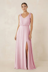 V - Neck A - Line Chiffon Bridesmaid Dress in Candy Pink - KissProm Bridesmaid Dresses