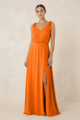 V - Neck A - Line Chiffon Bridesmaid Dress in Cinnamon - KissProm Bridesmaid Dresses