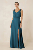 V - Neck A - Line Chiffon Bridesmaid Dress in Dark Teal - KissProm Bridesmaid Dresses