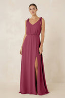 V - Neck A - Line Chiffon Bridesmaid Dress in Desert Rose - KissProm Bridesmaid Dresses