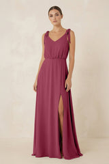 V - Neck A - Line Chiffon Bridesmaid Dress in Desert Rose - KissProm Bridesmaid Dresses