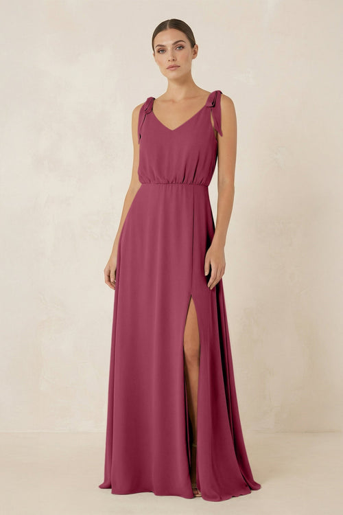 V - Neck A - Line Chiffon Bridesmaid Dress in Desert Rose - KissProm Bridesmaid Dresses