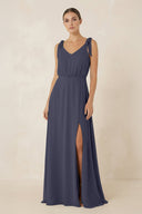 V - Neck A - Line Chiffon Bridesmaid Dress in Dusk Blue - KissProm Bridesmaid Dresses