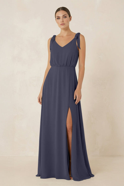 V - Neck A - Line Chiffon Bridesmaid Dress in Dusk Blue - KissProm Bridesmaid Dresses