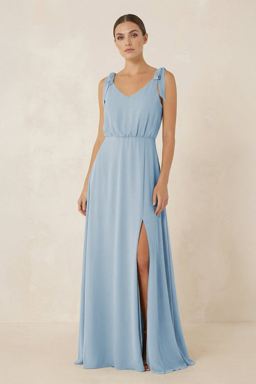 V - Neck A - Line Chiffon Bridesmaid Dress in Dusty Blue - KissProm Bridesmaid Dresses