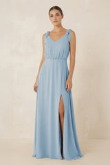 V - Neck A - Line Chiffon Bridesmaid Dress in Dusty Blue - KissProm Bridesmaid Dresses