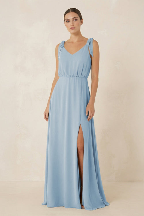 V - Neck A - Line Chiffon Bridesmaid Dress in Dusty Blue - KissProm Bridesmaid Dresses