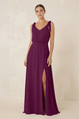 V - Neck A - Line Chiffon Bridesmaid Dress in Fig - KissProm Bridesmaid Dresses