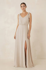 V - Neck A - Line Chiffon Bridesmaid Dress in Frost - KissProm Bridesmaid Dresses