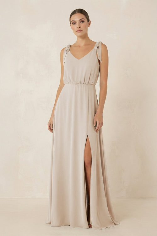 V - Neck A - Line Chiffon Bridesmaid Dress in Frost - KissProm Bridesmaid Dresses