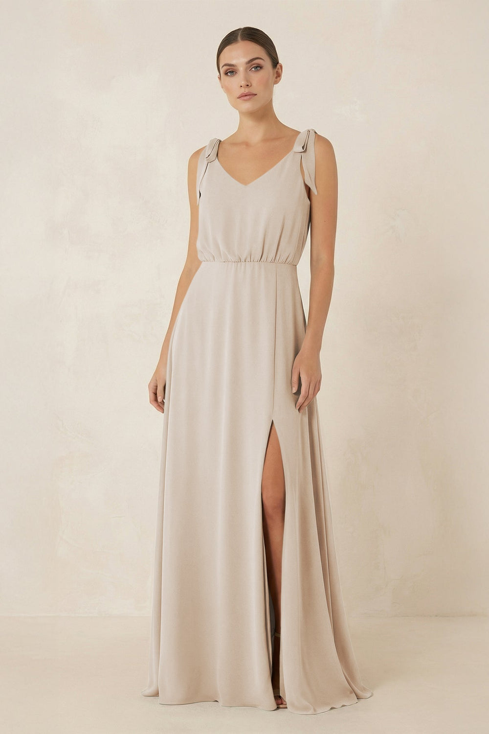 V - Neck A - Line Chiffon Bridesmaid Dress in Frost - KissProm Bridesmaid Dresses