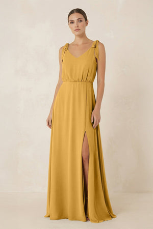 V - Neck A - Line Chiffon Bridesmaid Dress in Marigold - KissProm Bridesmaid Dresses