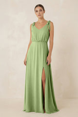 V - Neck A - Line Chiffon Bridesmaid Dress in Matcha - KissProm Bridesmaid Dresses