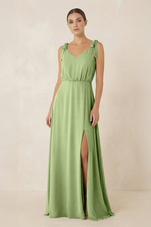 V - Neck A - Line Chiffon Bridesmaid Dress in Matcha - KissProm Bridesmaid Dresses