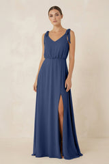 V - Neck A - Line Chiffon Bridesmaid Dress in Navy - KissProm Bridesmaid Dresses