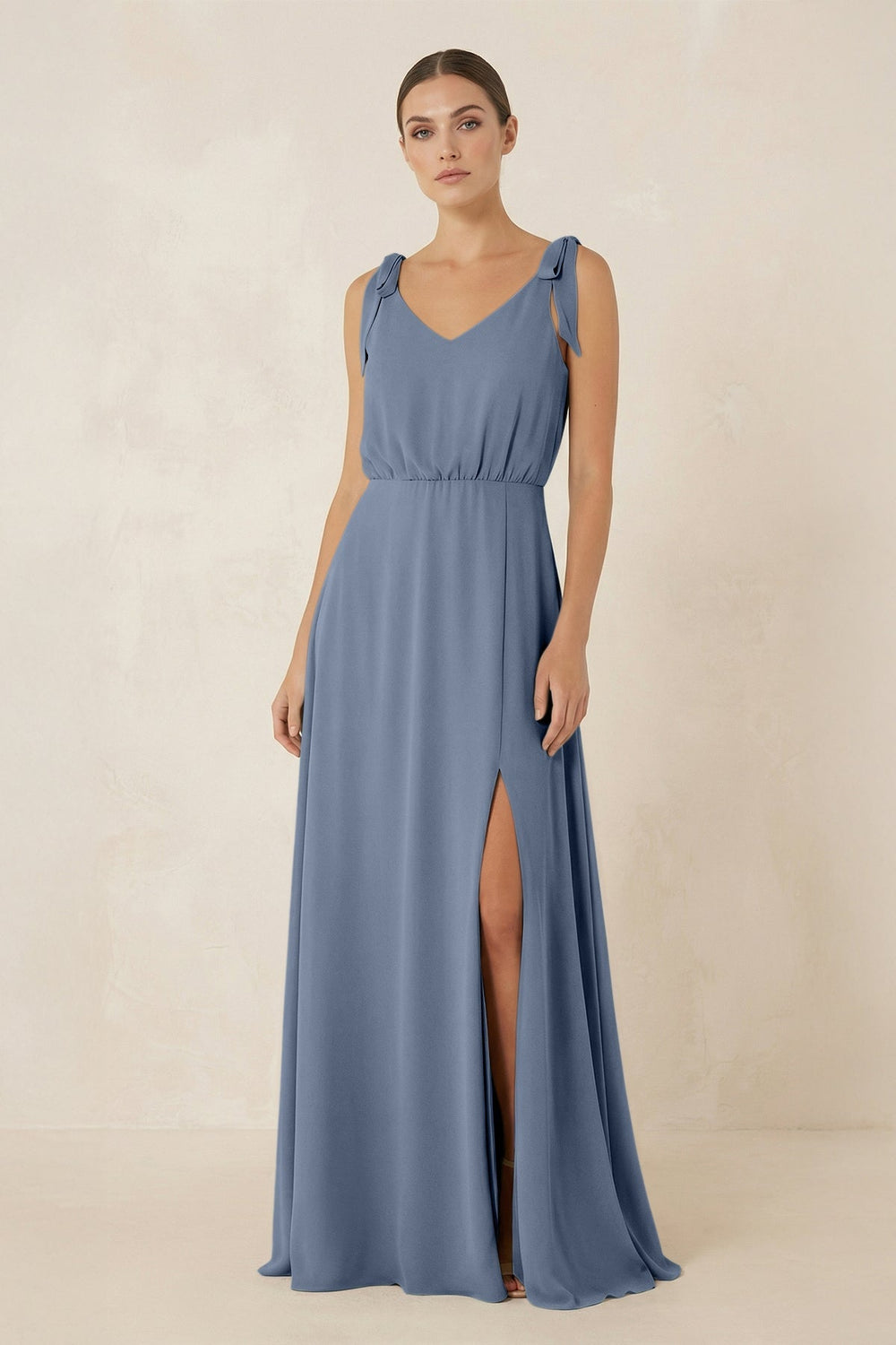 V - Neck A - Line Chiffon Bridesmaid Dress in Neptune - KissProm Bridesmaid Dresses