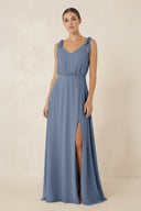 V - Neck A - Line Chiffon Bridesmaid Dress in Neptune - KissProm Bridesmaid Dresses