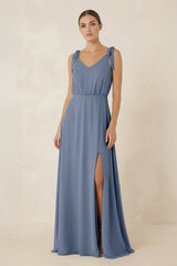 V - Neck A - Line Chiffon Bridesmaid Dress in Neptune - KissProm Bridesmaid Dresses
