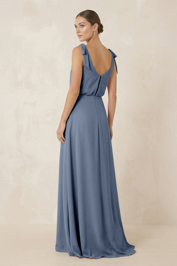 V - Neck A - Line Chiffon Bridesmaid Dress in Neptune - KissProm Bridesmaid Dresses
