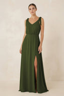 V - Neck A - Line Chiffon Bridesmaid Dress in Olive - KissProm Bridesmaid Dresses