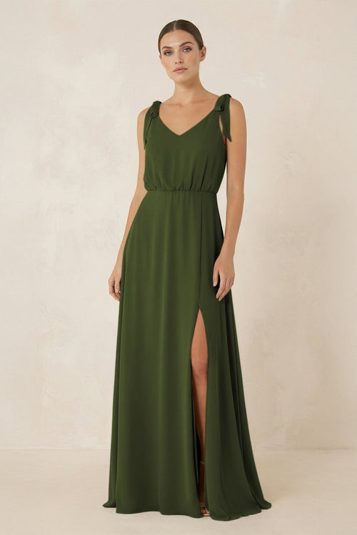 V - Neck A - Line Chiffon Bridesmaid Dress in Olive - KissProm Bridesmaid Dresses