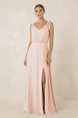 V - Neck A - Line Chiffon Bridesmaid Dress in Pale Blush - KissProm Bridesmaid Dresses