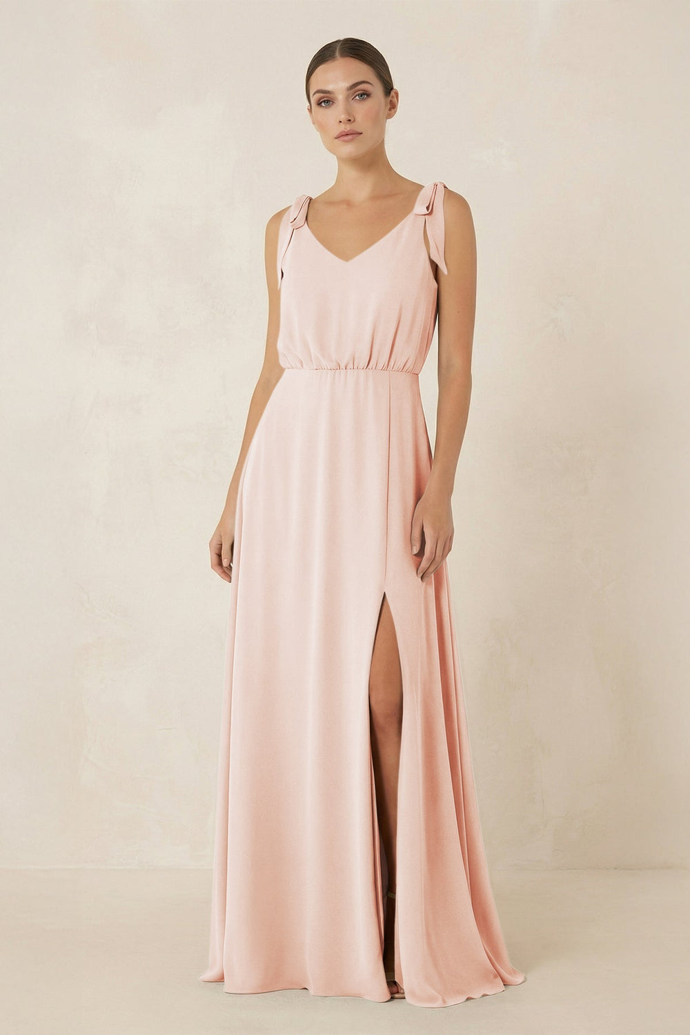 V - Neck A - Line Chiffon Bridesmaid Dress in Pale Blush - KissProm Bridesmaid Dresses