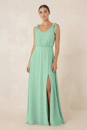 V - Neck A - Line Chiffon Bridesmaid Dress in Pale Pistachio - KissProm Bridesmaid Dresses