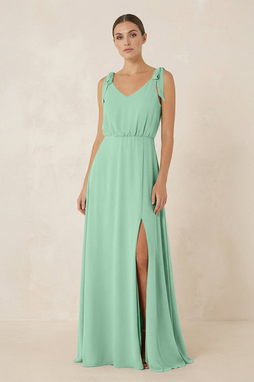 V - Neck A - Line Chiffon Bridesmaid Dress in Pale Pistachio - KissProm Bridesmaid Dresses