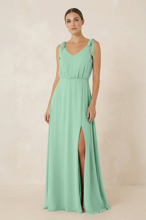 V - Neck A - Line Chiffon Bridesmaid Dress in Pale Pistachio - KissProm Bridesmaid Dresses