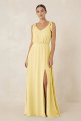 V - Neck A - Line Chiffon Bridesmaid Dress in Pastel Yellow - KissProm Bridesmaid Dresses