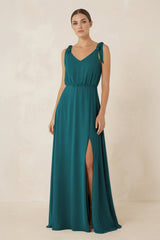 V - Neck A - Line Chiffon Bridesmaid Dress in Pine - KissProm Bridesmaid Dresses