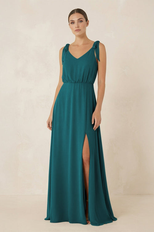 V - Neck A - Line Chiffon Bridesmaid Dress in Pine - KissProm Bridesmaid Dresses