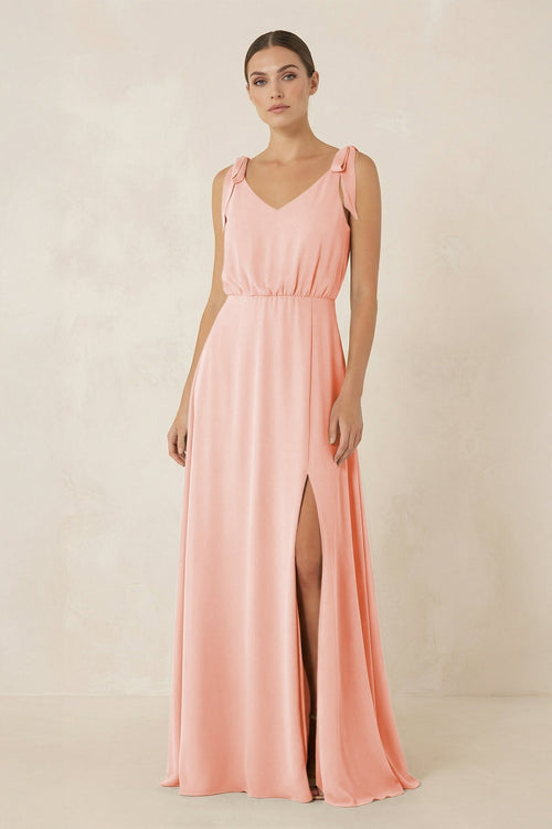 V - Neck A - Line Chiffon Bridesmaid Dress in Rose Petal - KissProm Bridesmaid Dresses