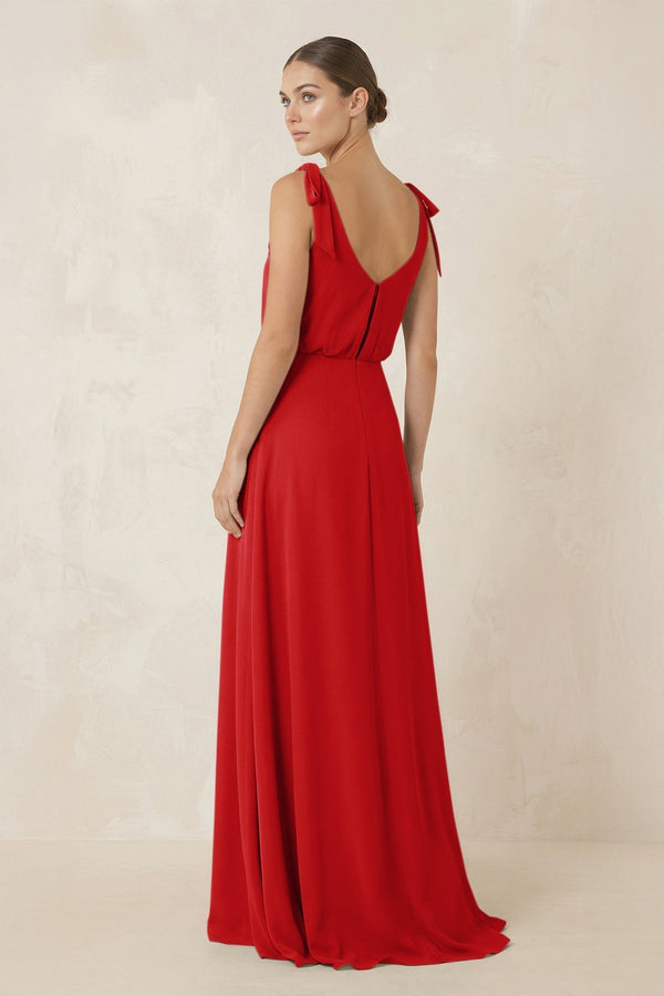 V - Neck A - Line Chiffon Bridesmaid Dress in Ruby Red - KissProm Bridesmaid Dresses