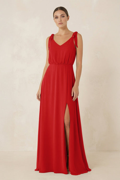 V - Neck A - Line Chiffon Bridesmaid Dress in Ruby Red - KissProm Bridesmaid Dresses
