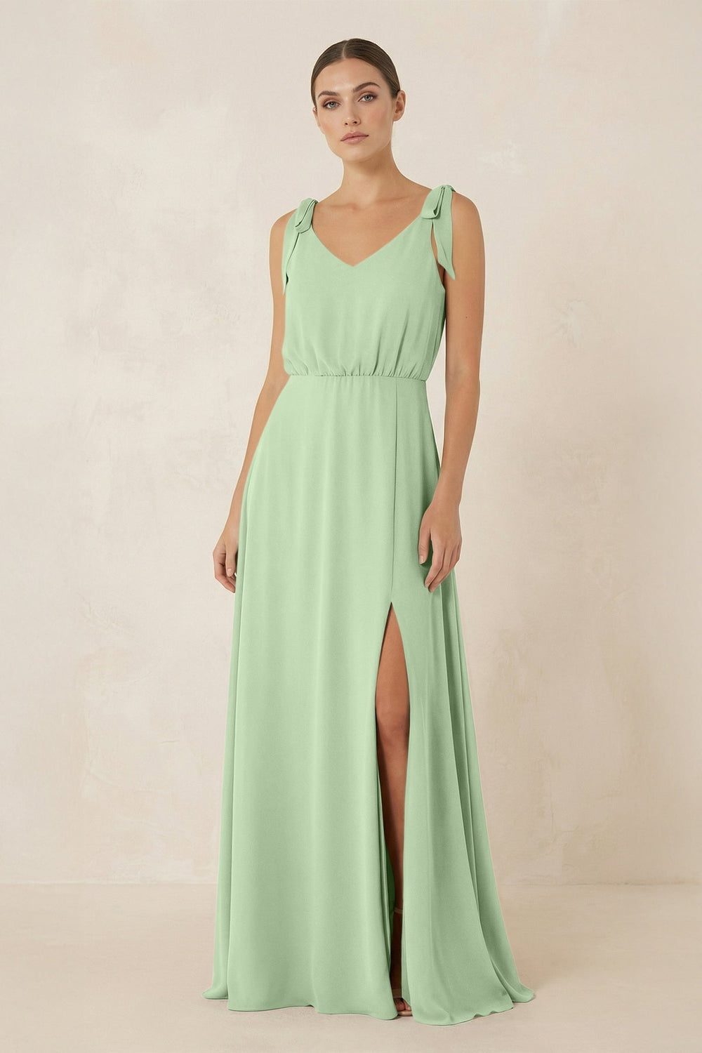V - Neck A - Line Chiffon Bridesmaid Dress in Sage - KissProm Bridesmaid Dresses