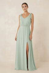 V - Neck A - Line Chiffon Bridesmaid Dress in Sage - KissProm Bridesmaid Dresses
